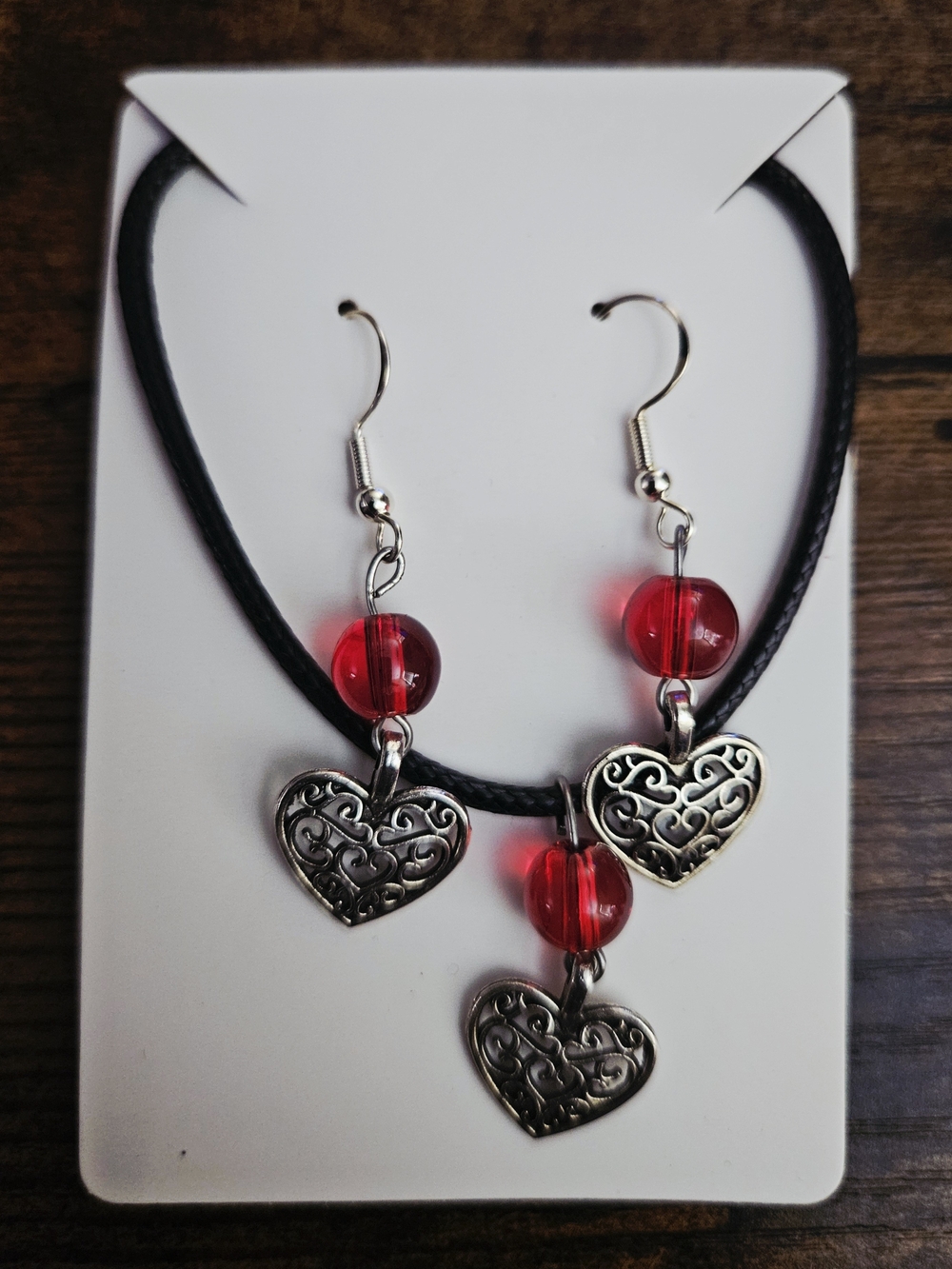 Handmade Red Bead Heart Pendant Necklace & Earrings Set